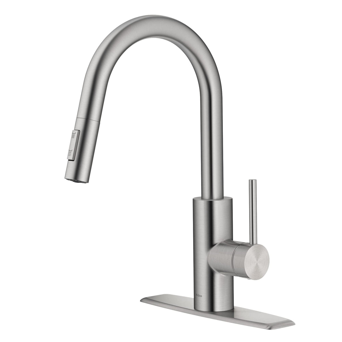 Kraus Oletto pull-down close-up shows spot-free stainless finish and modern lines for a clean kitchen