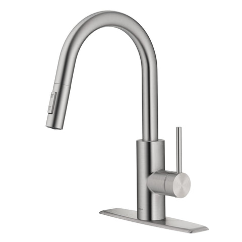 Kraus Oletto pull-down close-up shows spot-free stainless finish and modern lines for a clean kitchen