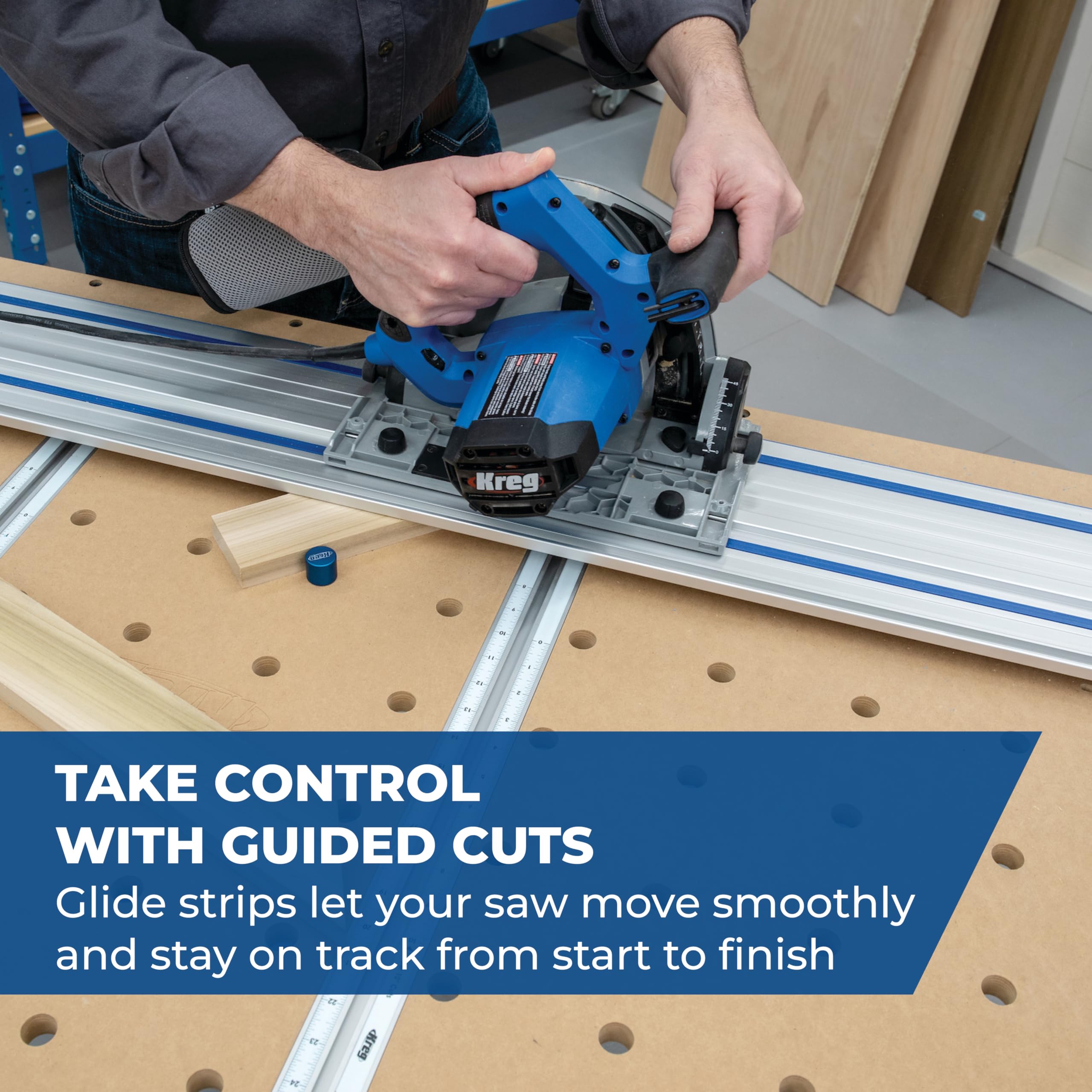Kreg ACS430 anti-slip strips secure track without clamps during work.