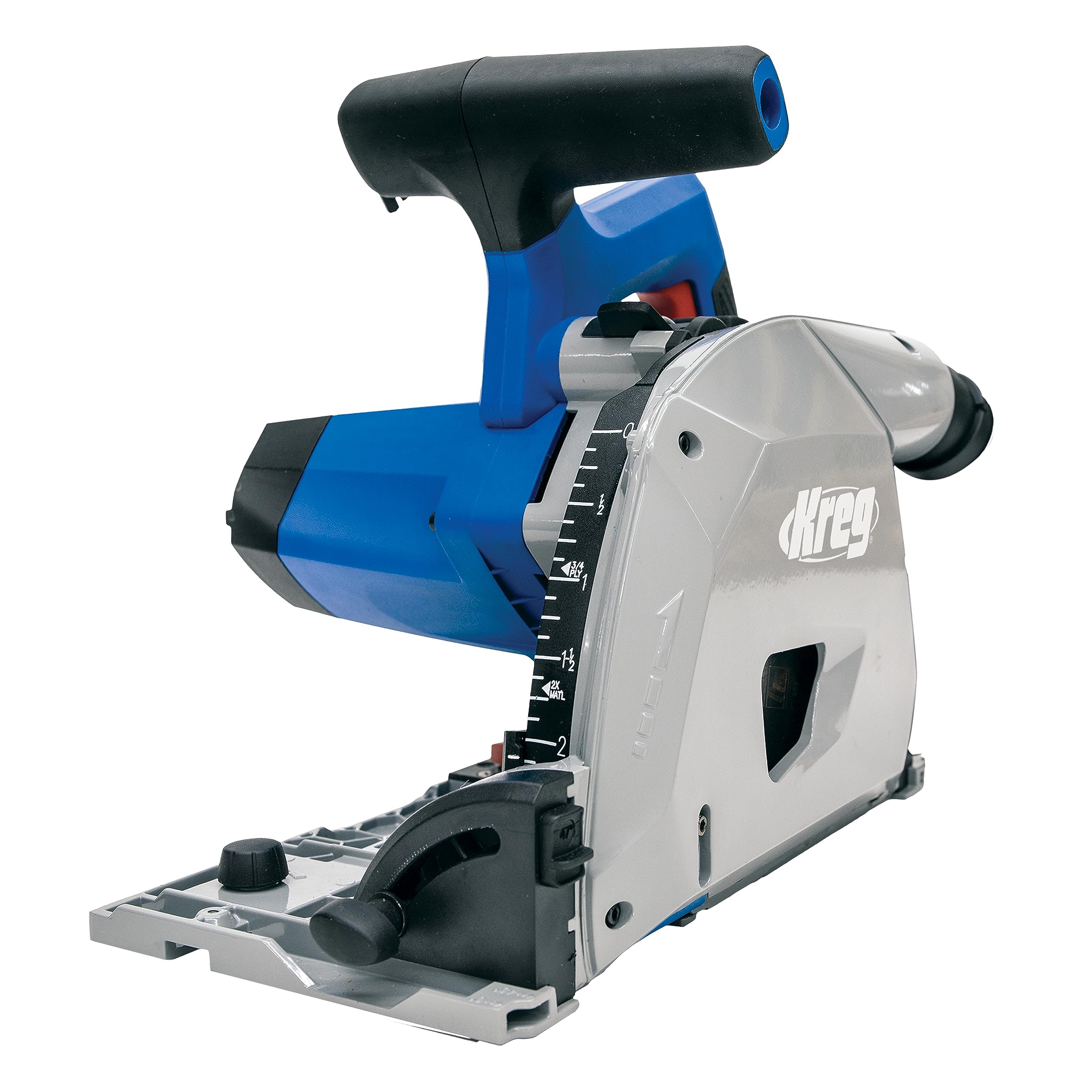 Kreg ACS430 plunge-cut track saw base aligned with a guide track for precise straight cuts