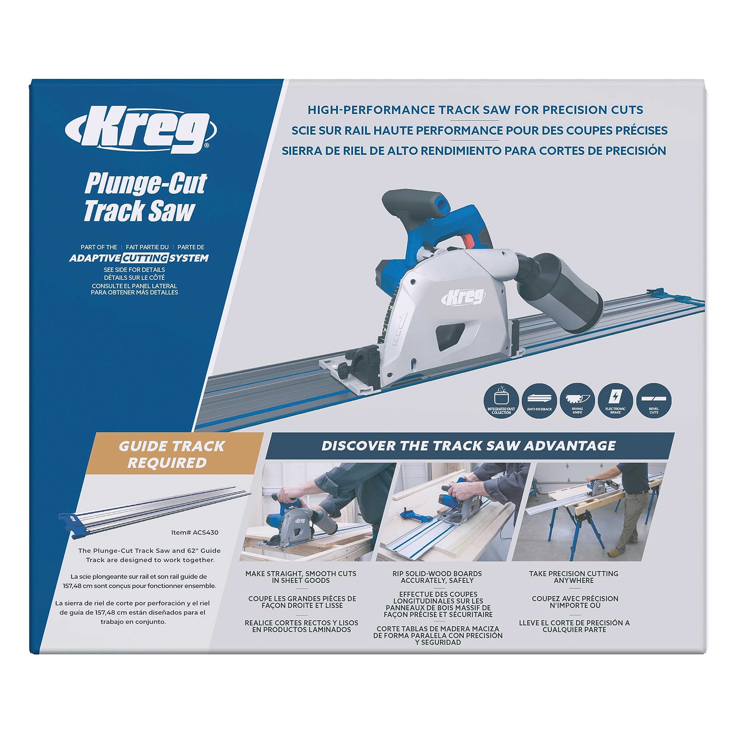 Kreg ACS430 retractable blade within the shroud for safe cutting