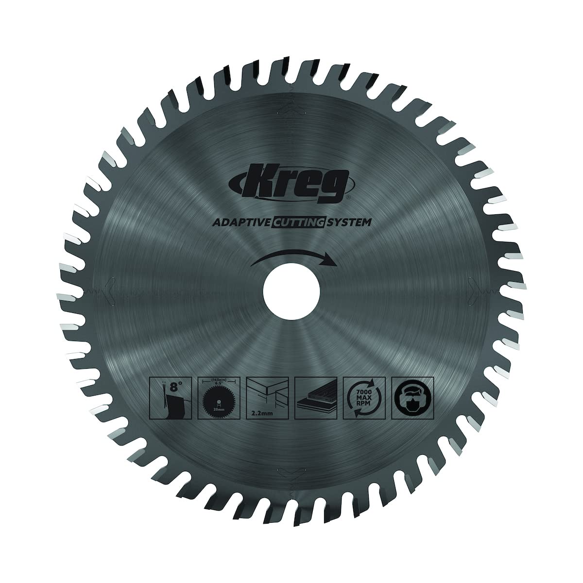 Kreg ACS705 blade close-up showing 48 carbide teeth for smooth plywood cuts