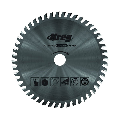 Kreg ACS705 blade close-up showing 48 carbide teeth for smooth plywood cuts