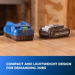Kreg Blue Ion 2Ah battery on charger showing ready-to-use cordless power.