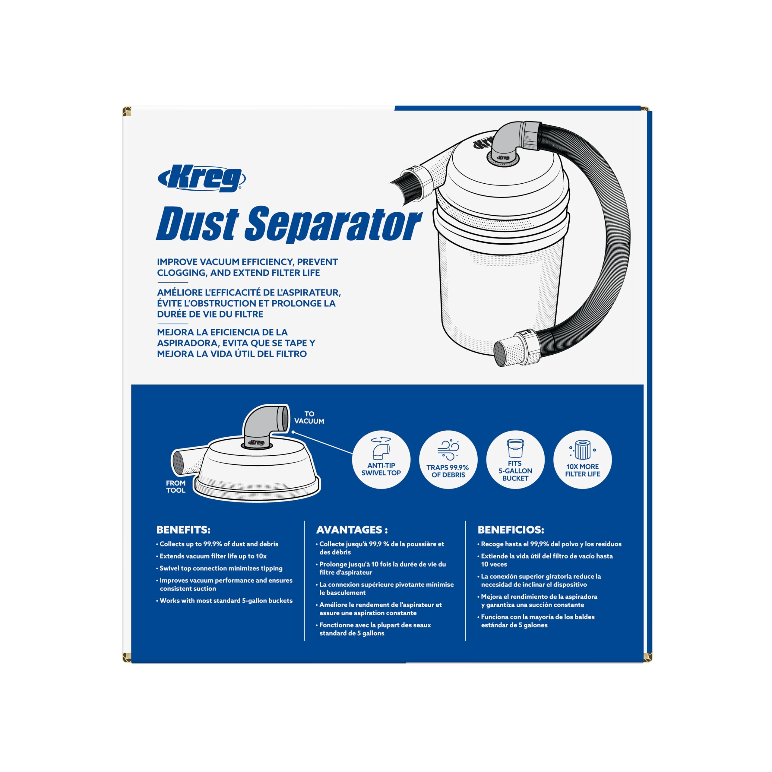Kreg Dust Separator filtermaxx fins trap fine dust for stronger suction.