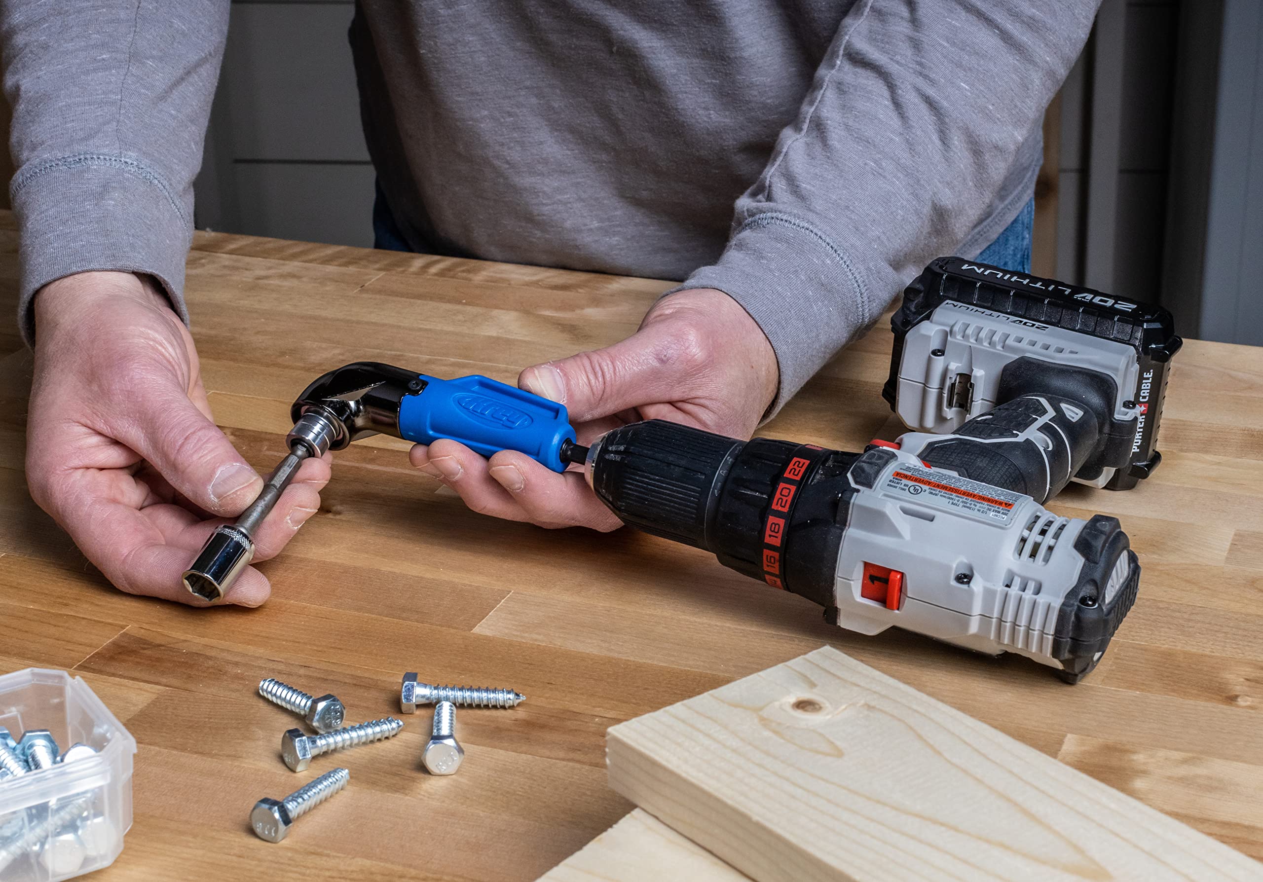 Kreg pocket-hole drilling in confined spaces with controlled precision.