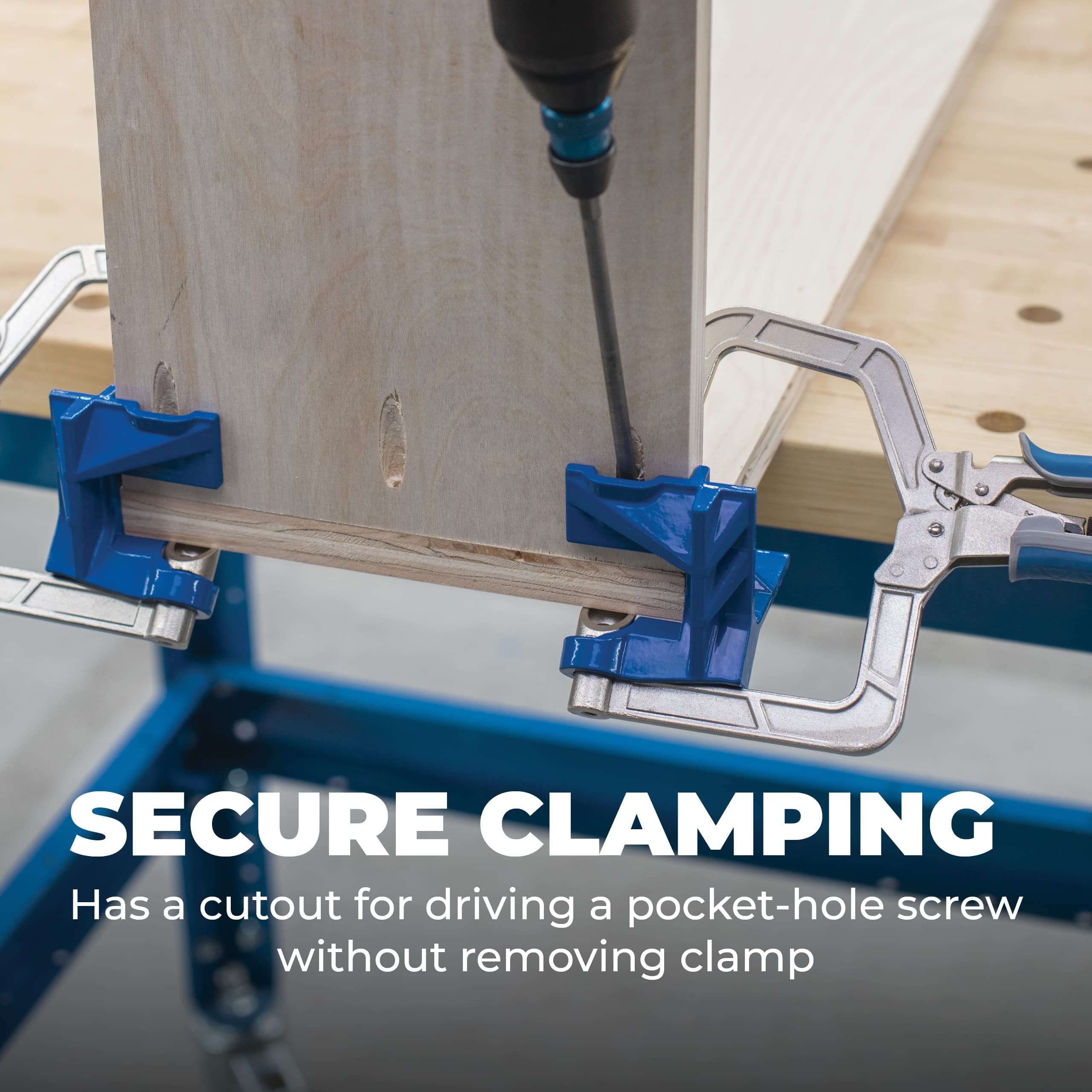 Kreg KHCCC 90-degree corner clamp in action demonstrates precise alignment.