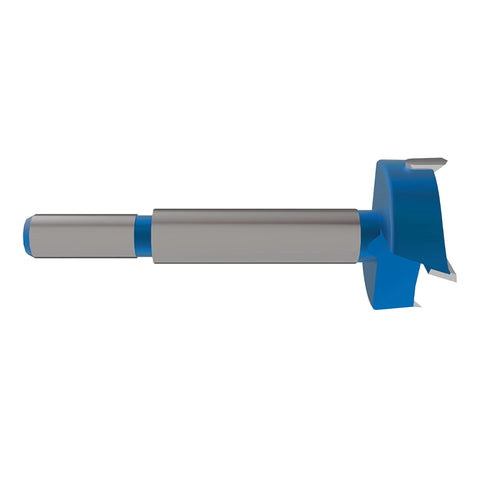 Kreg KHI-BIT 35mm hole: clean, flat-bottom concealed hinge bore.