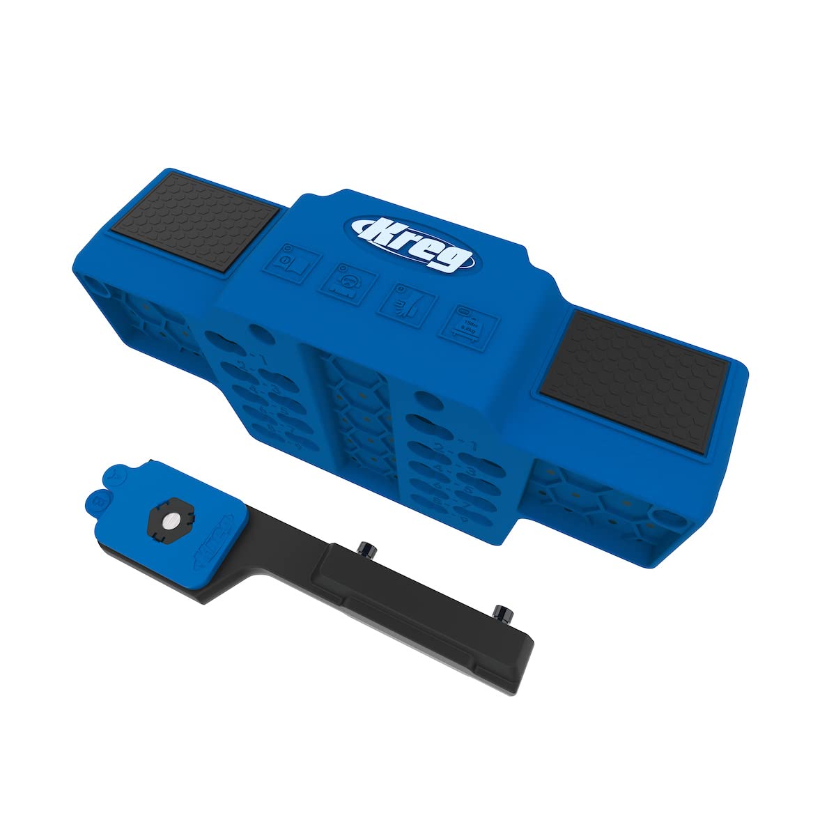 Kreg KHI-CDIJ door mounting jig on a workbench aids precise cabinet installation.