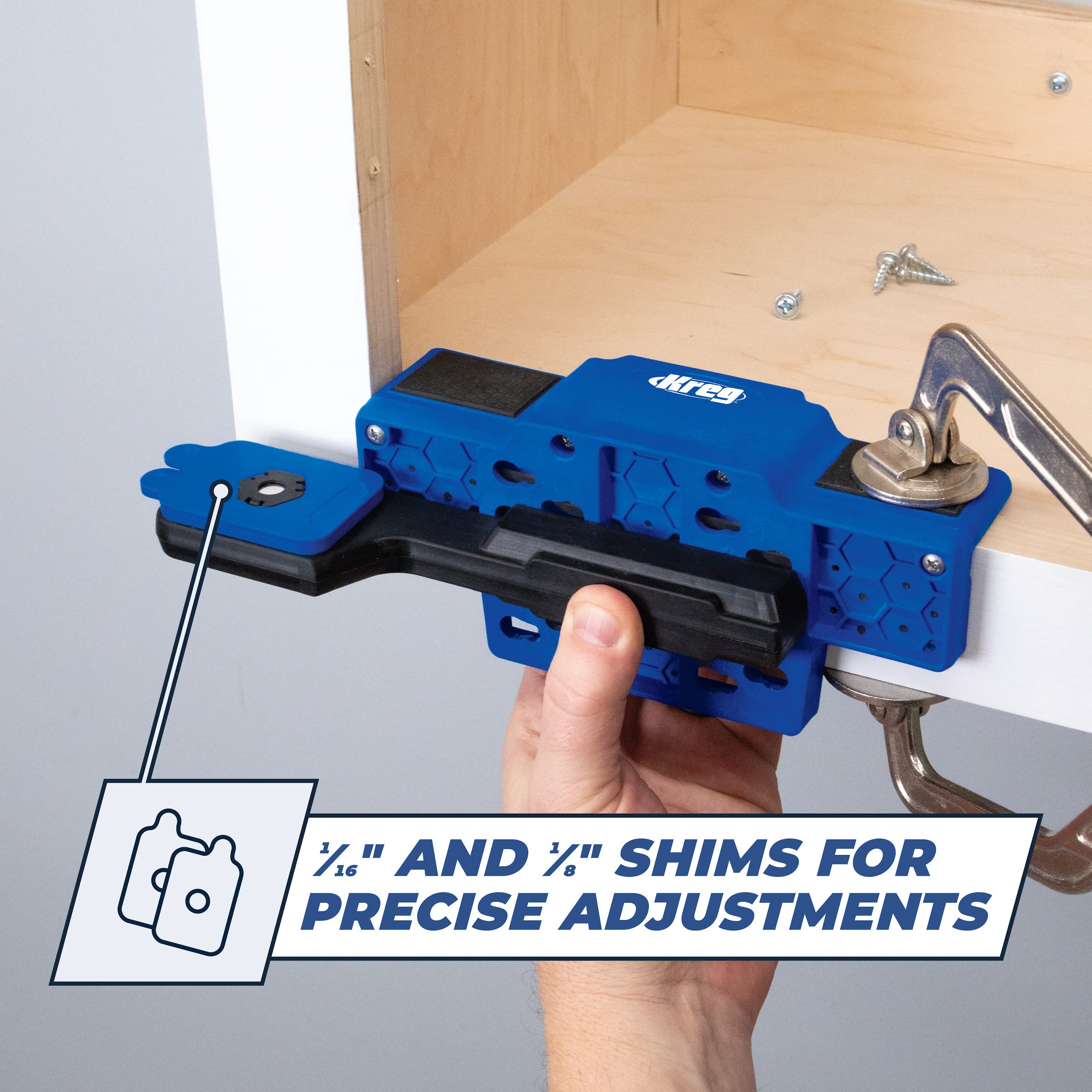 Kreg KHI-CDIJ hinge mounting process shown for smoother installation.