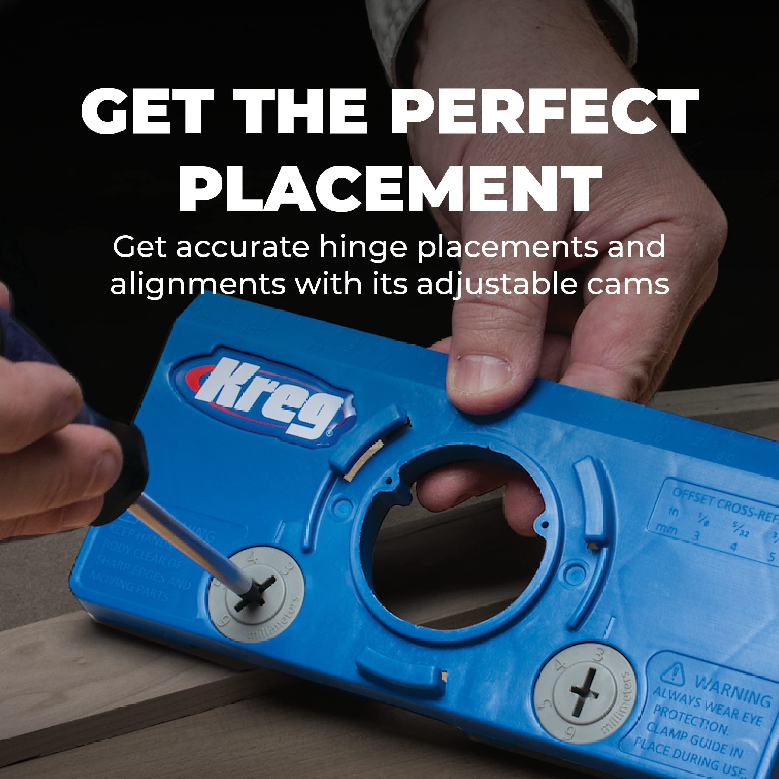 Kreg KHI-Hinge Jig includes carbide-tipped drill bit for durable holes.