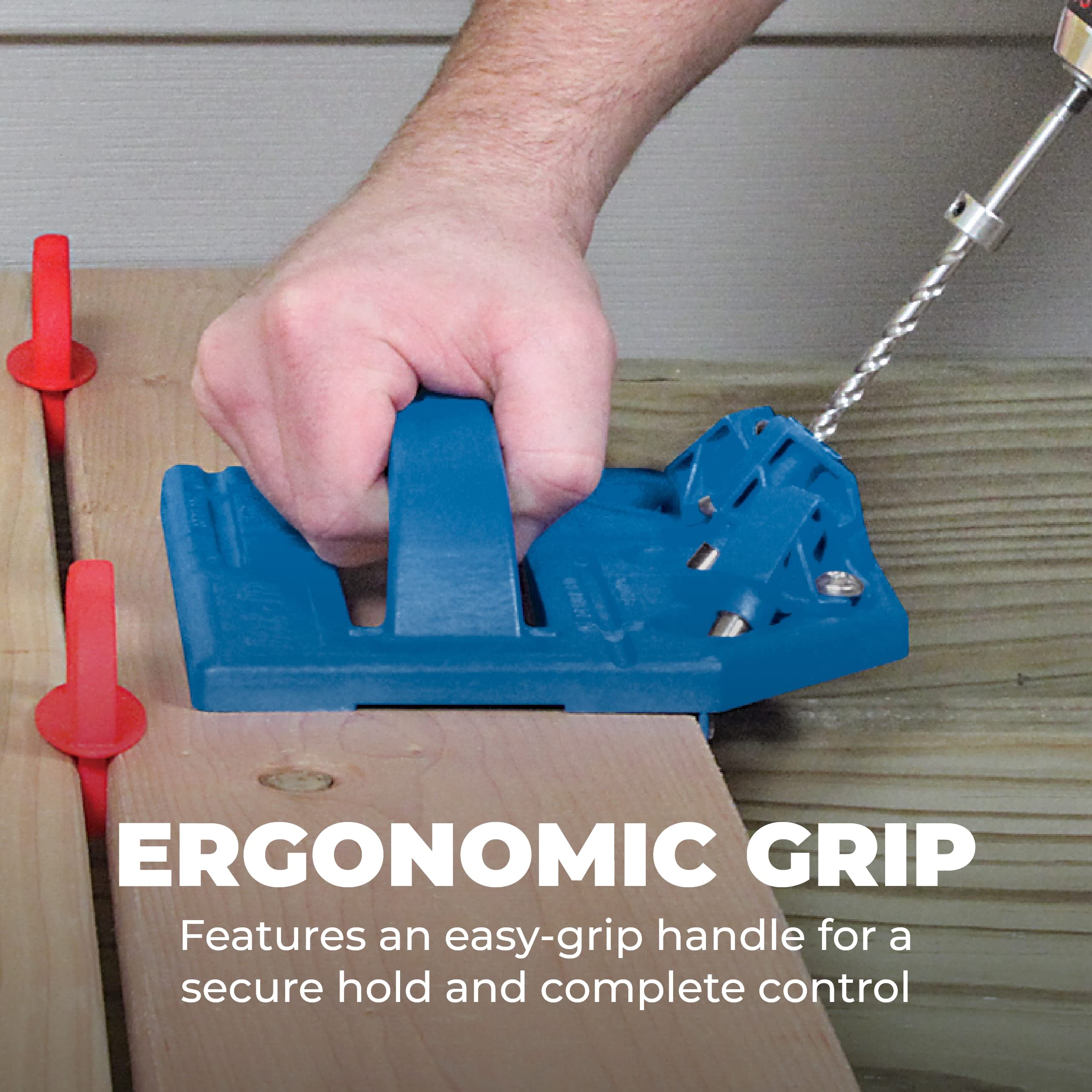 Kreg KJDECKSYS20 hardened-steel guides maintain drill alignment for consistent cuts.
