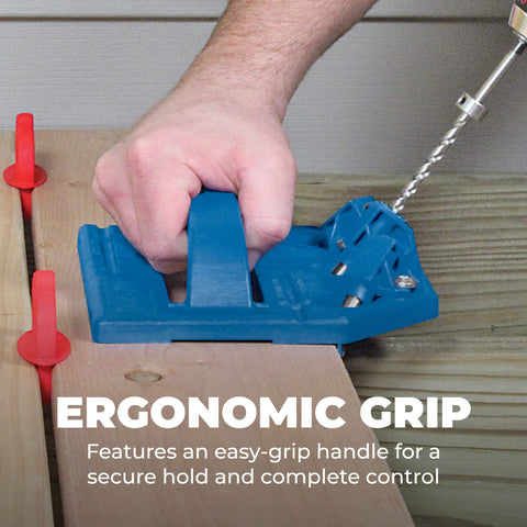Kreg KJDECKSYS20 hardened-steel guides maintain drill alignment for consistent cuts.