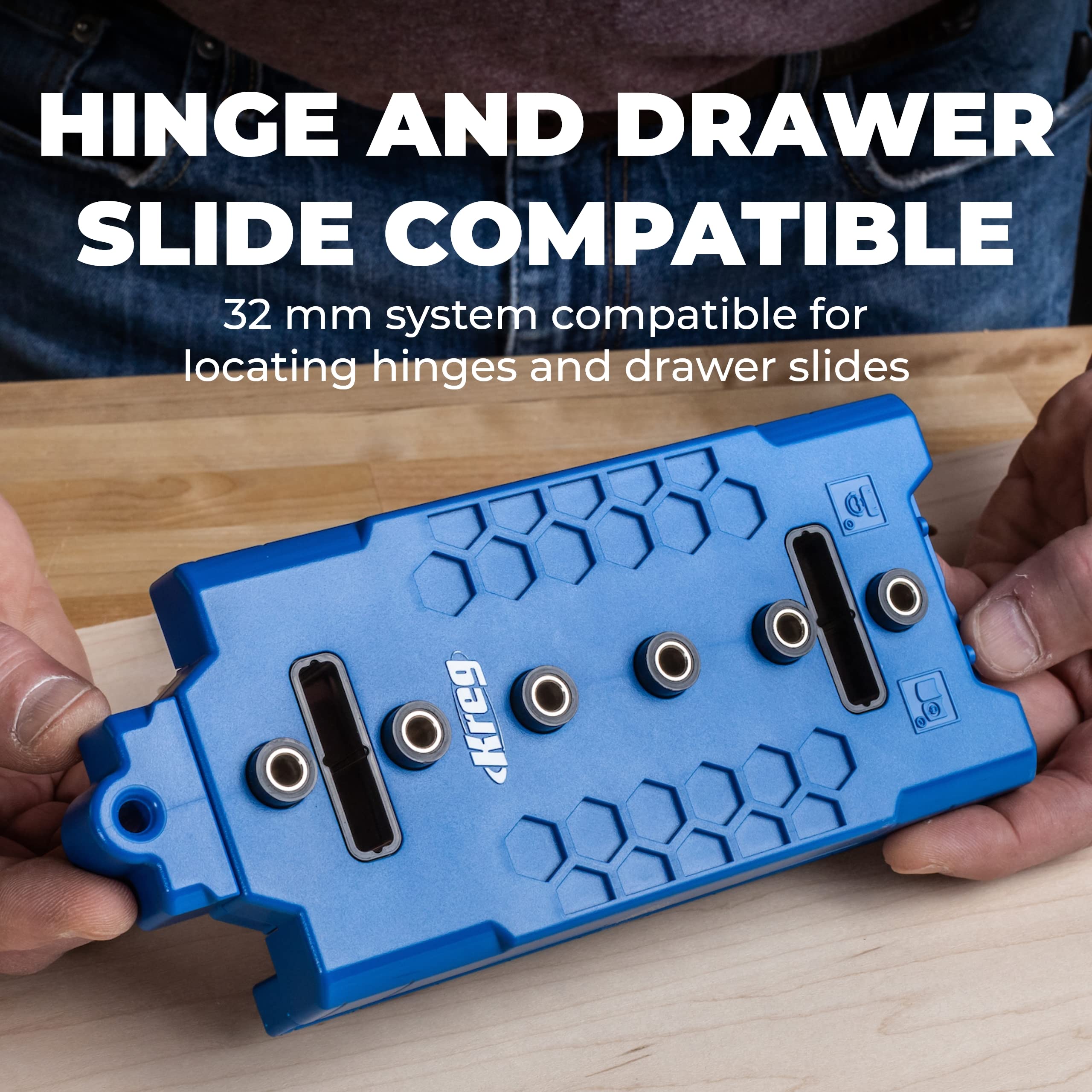 Kreg KMA3225 32mm-system-placement: consistent spacing for hinges and drawer slides.