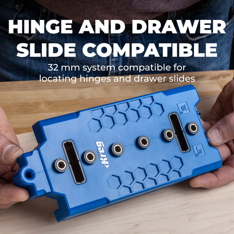 Kreg KMA3225 32mm-system-placement: consistent spacing for hinges and drawer slides.