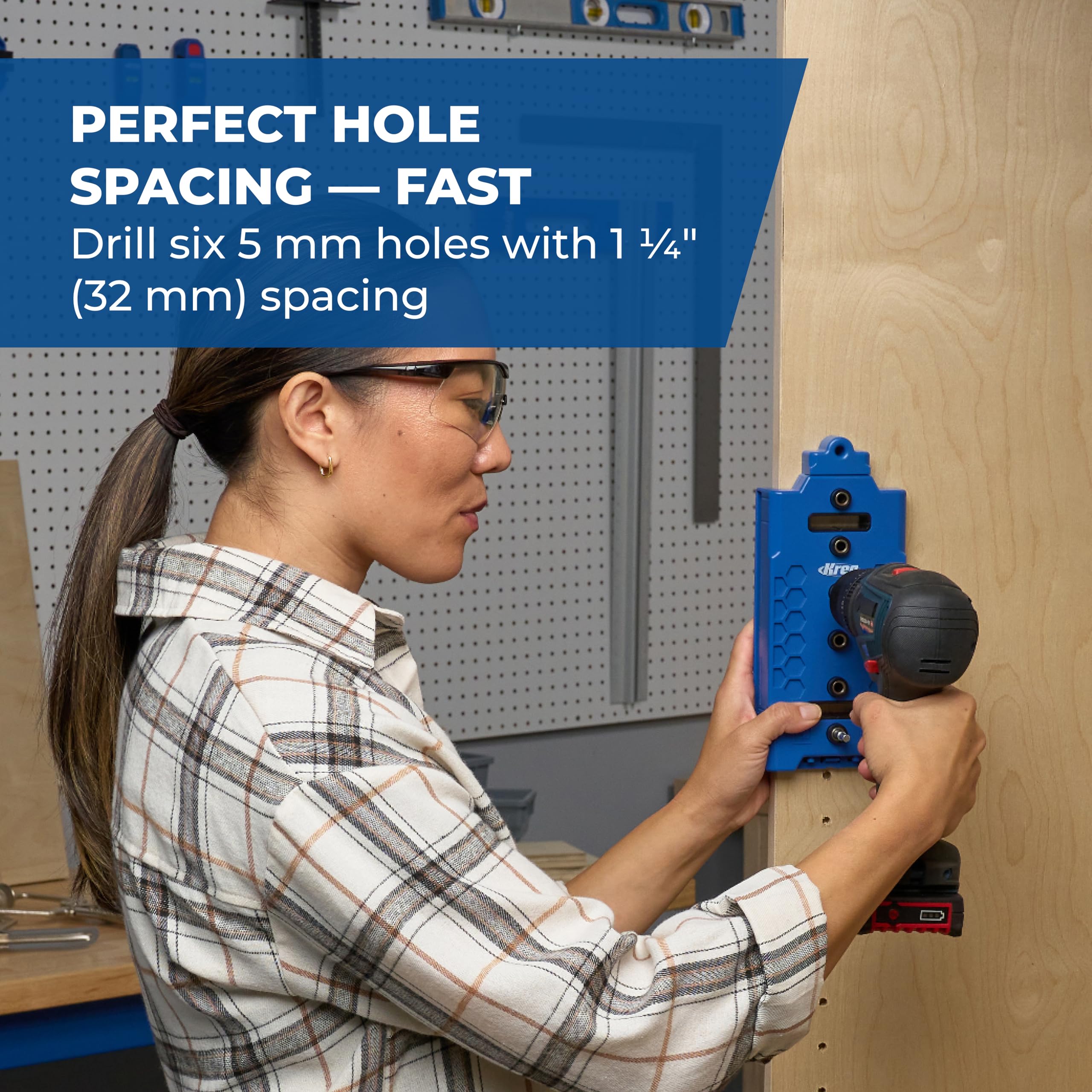 Kreg KMA3232 six-hole configuration enables even spacing on multiple shelves