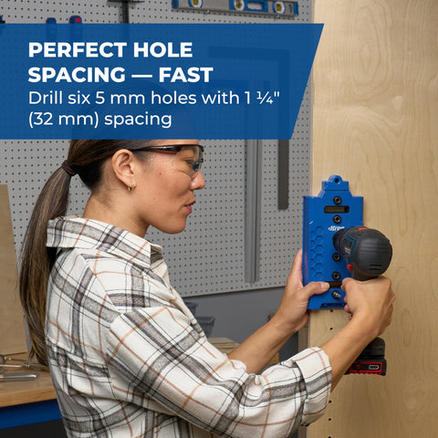 Kreg KMA3232 six-hole configuration enables even spacing on multiple shelves