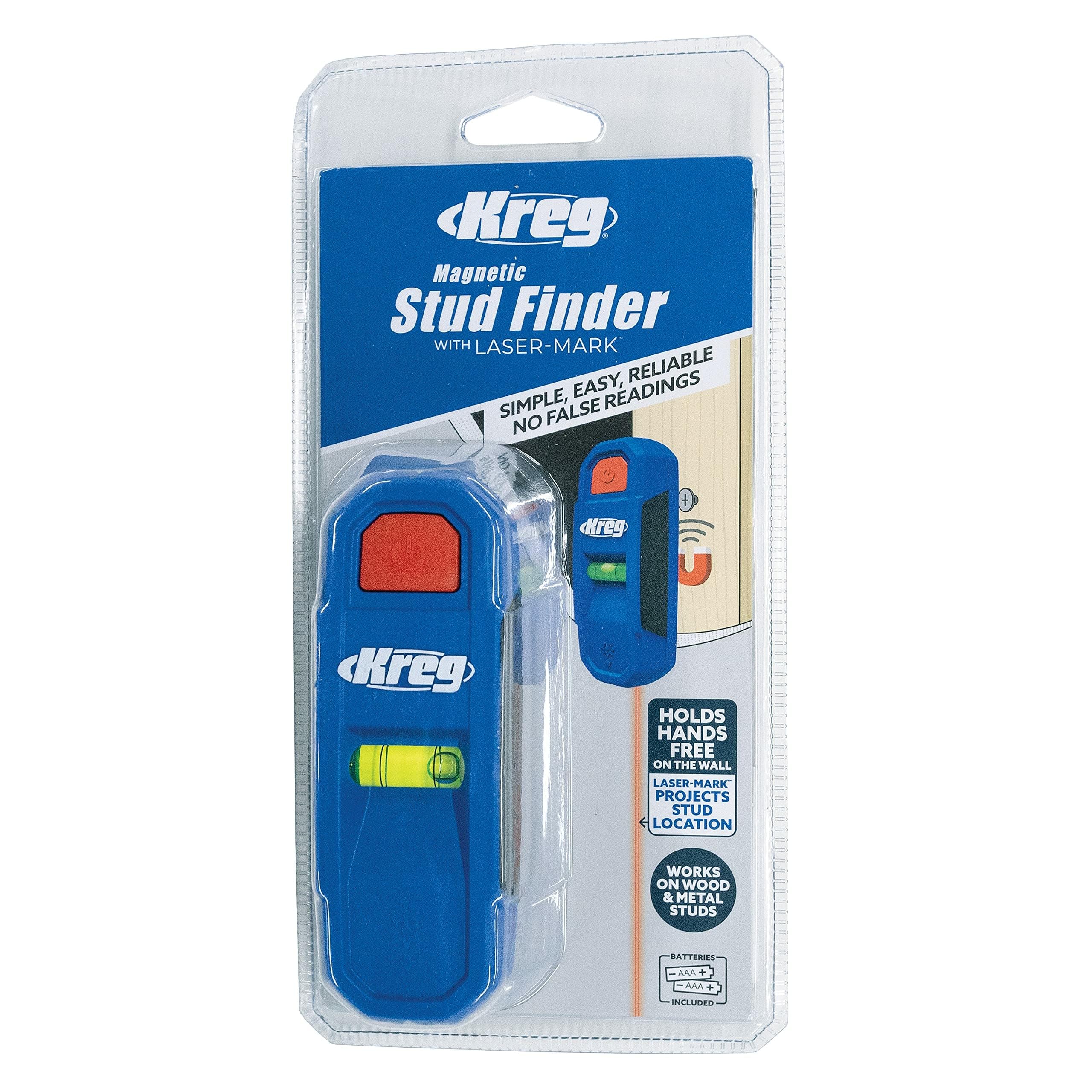 Kreg KMM1000LZ hand-free magnet grips the wall during stud checks.