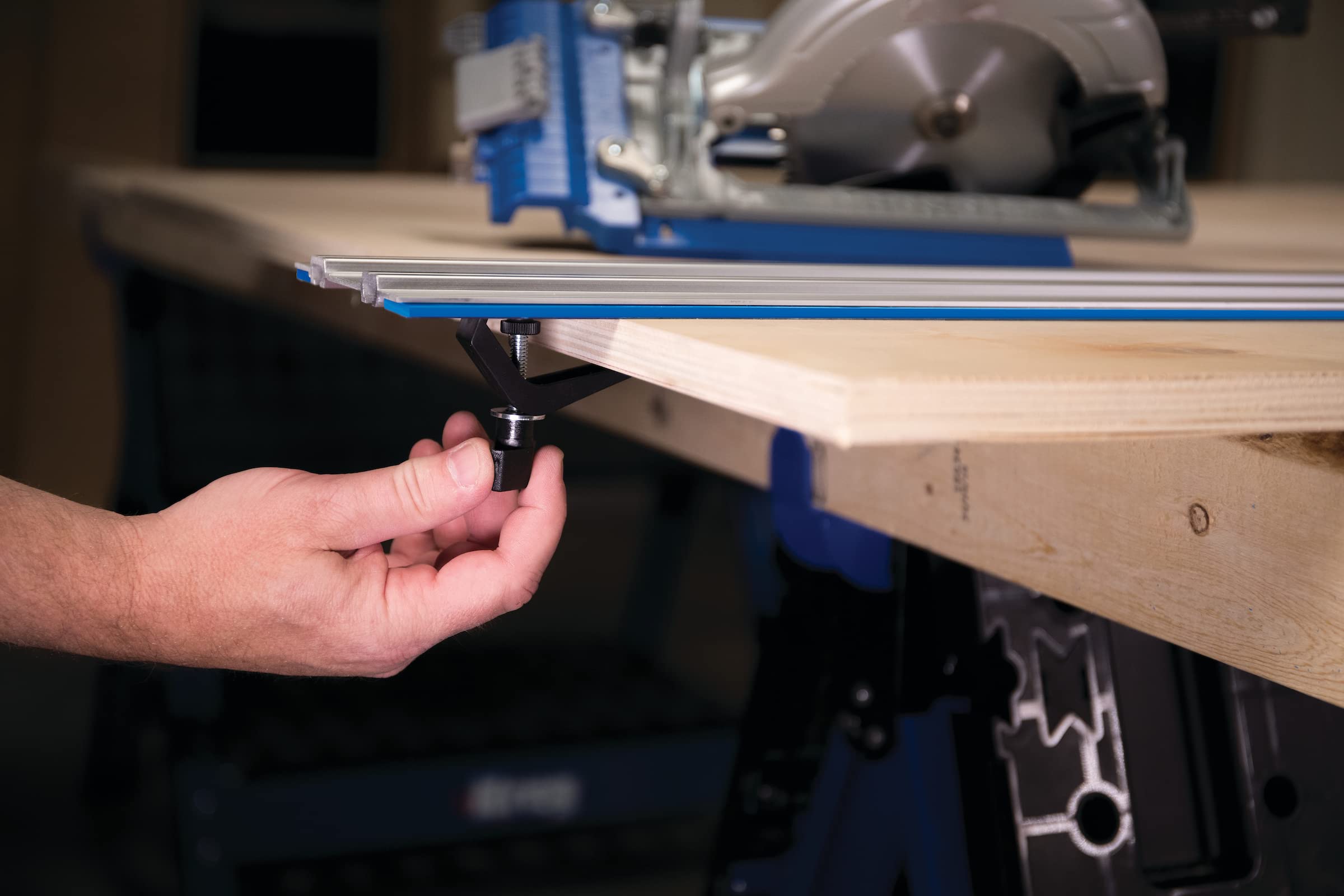 Kreg Track Clamps enable shop-built jigs and fixtures for custom setups.