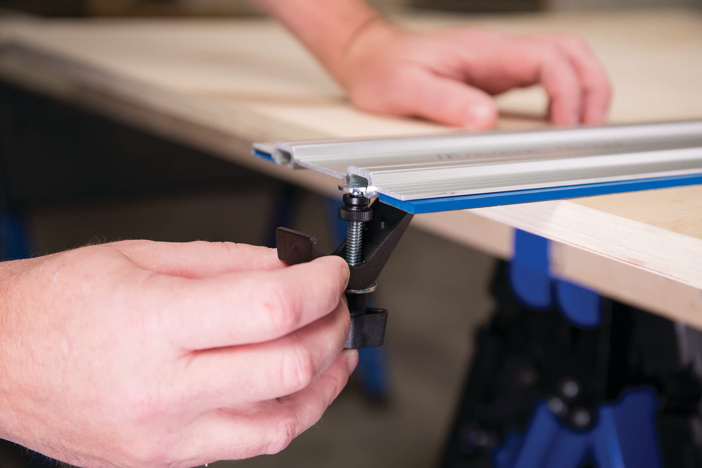 Kreg Track Clamps provide extra holding power on single-length track projects.