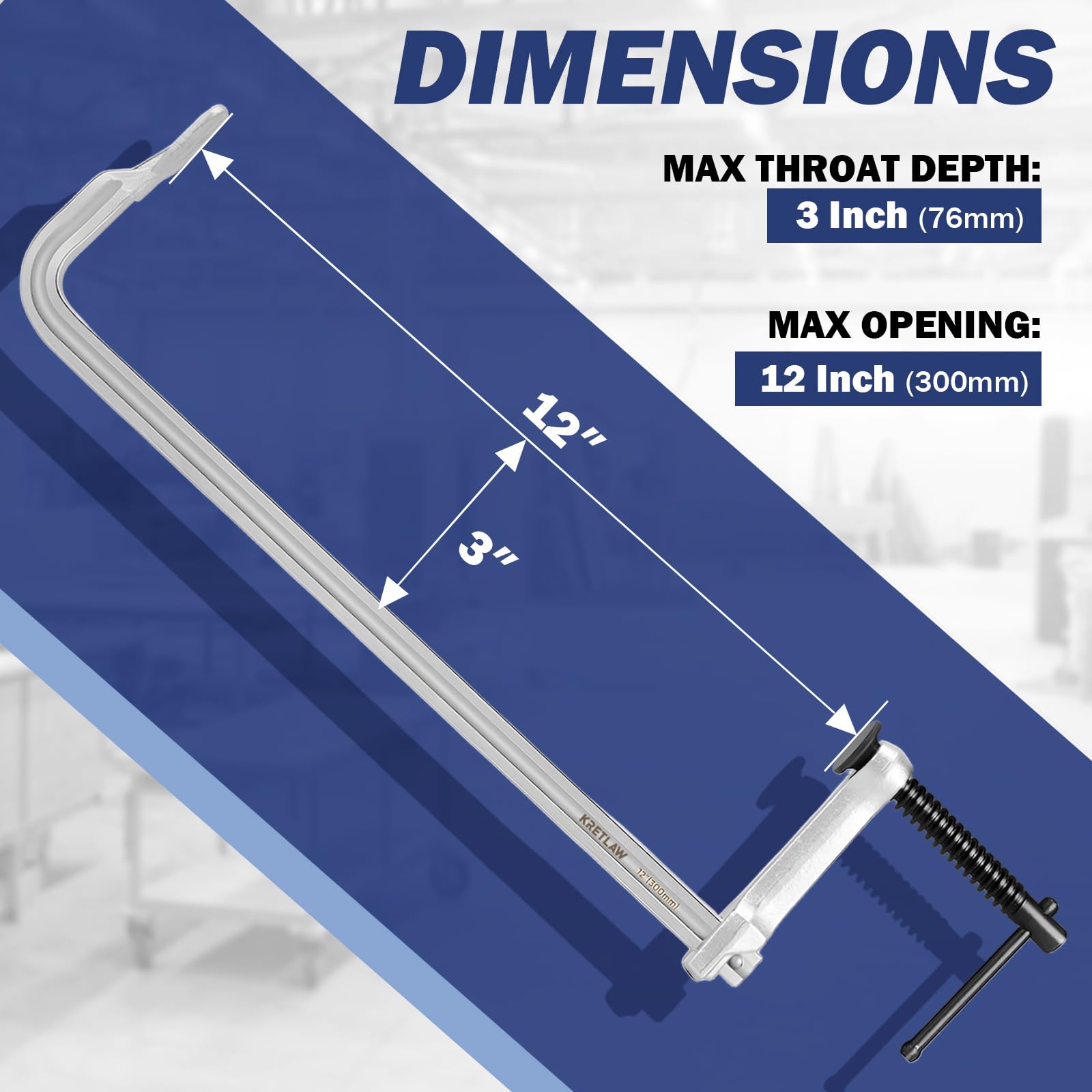 KRETLAW bar clamps 12-inch 4-pack side shot shows compact footprint for portable setups.