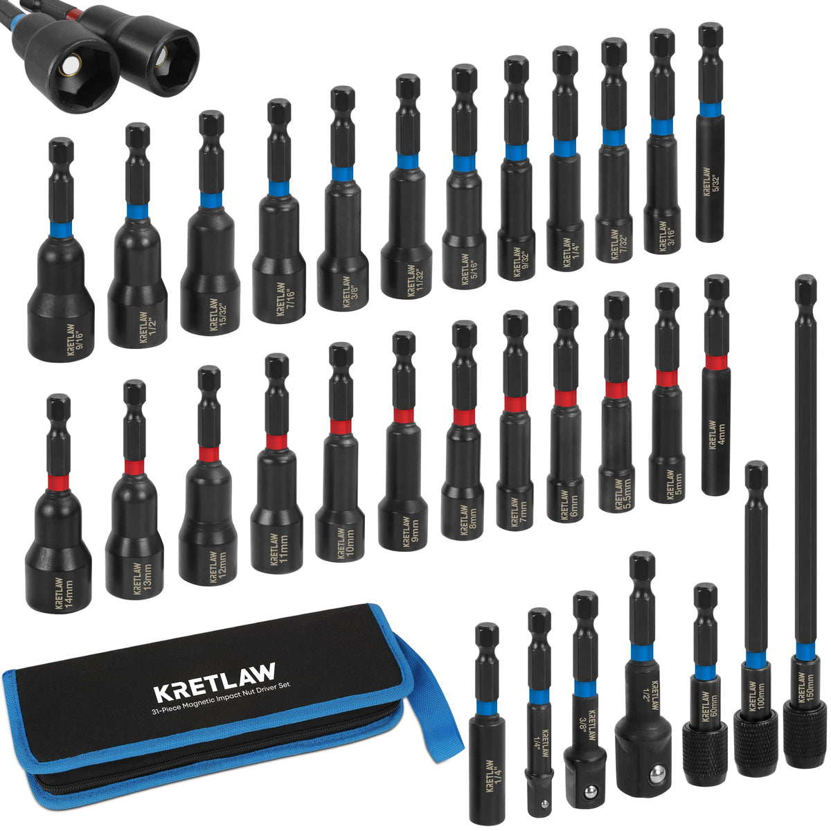 KRETLAW nut driver set with magnetic bit holder for secure fastening.