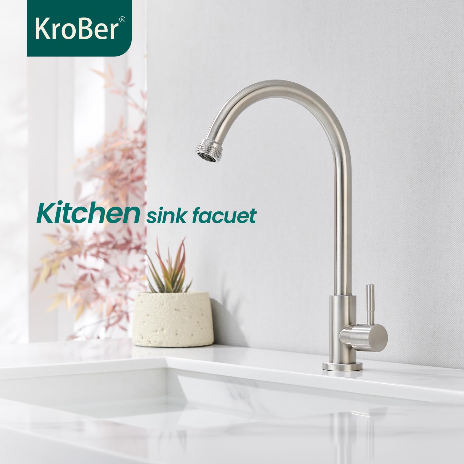 KroBer brushed nickel finish faucet offers durable, low-maintenance appeal.