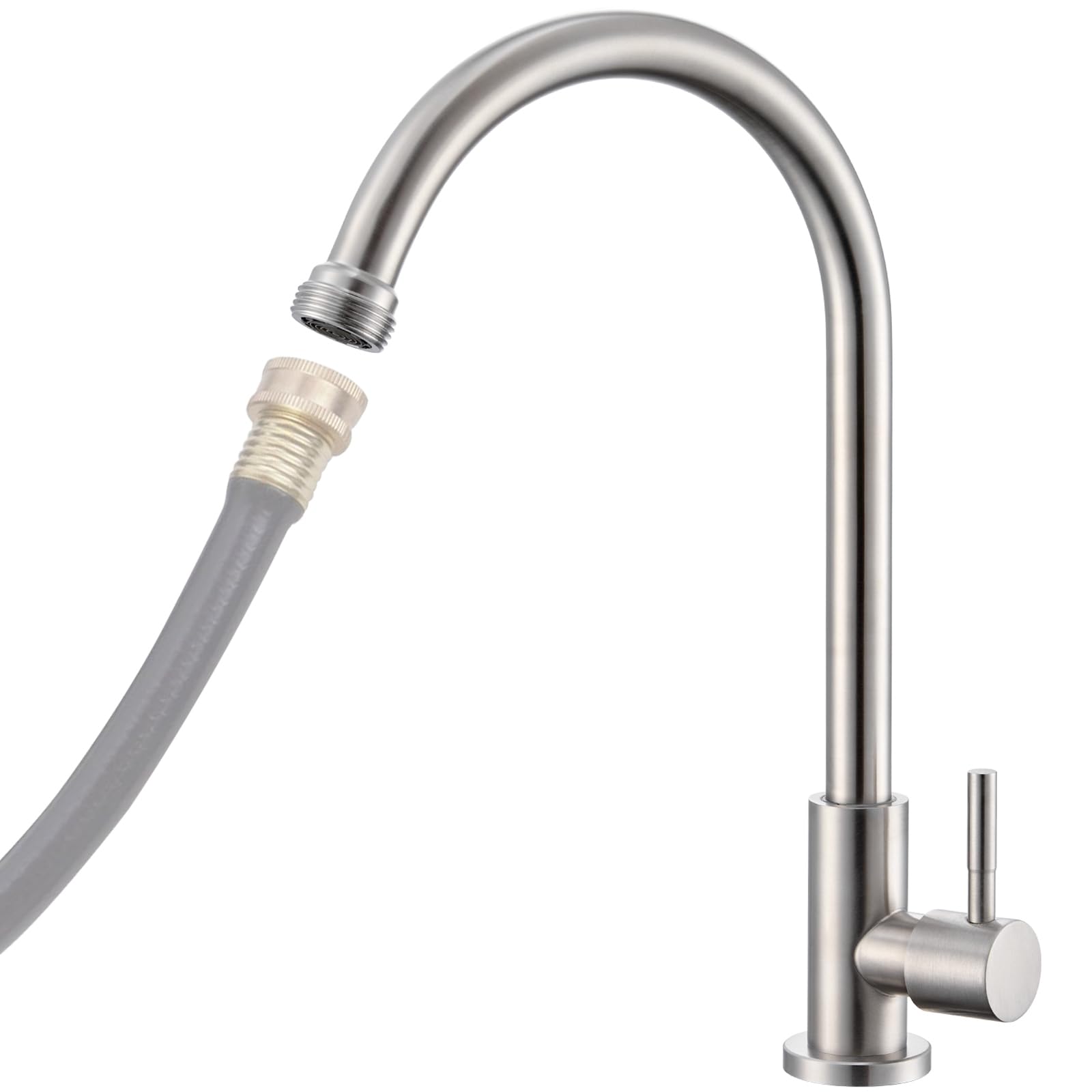 KroBer cold water faucet with brushed nickel finish and 360-degree swivel spout for versatile cleaning.