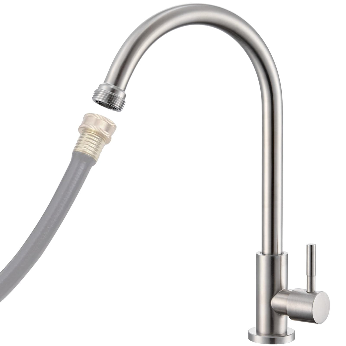 KroBer cold water faucet with brushed nickel finish and 360-degree swivel spout for versatile cleaning.