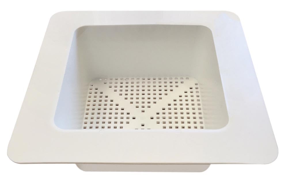 Krowne 30-141 white floor drain strainer placed over an 8x8 bowl for easy cleaning and debris protection