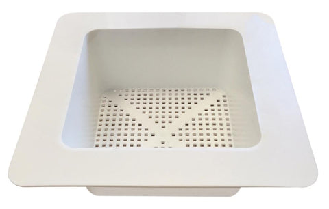 Krowne 30-141 white floor drain strainer placed over an 8x8 bowl for easy cleaning and debris protection