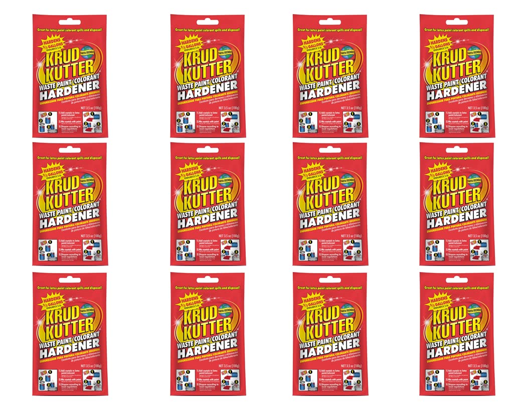 Krud Kutter Liquid Paint Plow packaging in a 12-pack helps harden leftover latex paint for disposal.