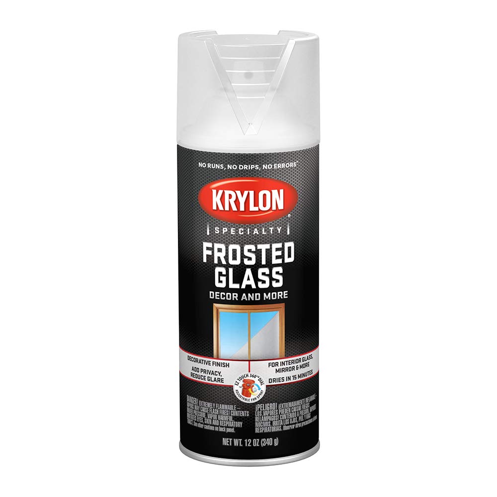 Krylon Glass Frosting spray creates frosted privacy on glass surfaces.