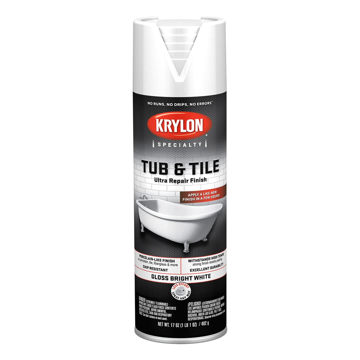 Krylon Tub & Tile Ultra Repair Finish on bright white porcelain-like surface for repairs.