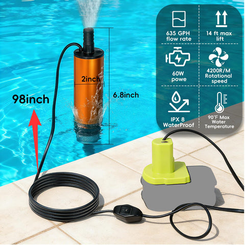 Krythonix pump with 50-inch hose and retainer supports versatile drainage.