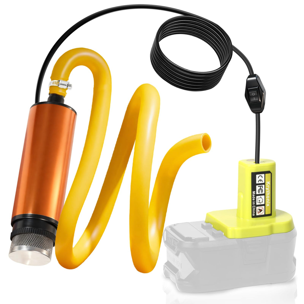 Krythonix transfer pump with Ryobi battery attachment enables cordless pumping.