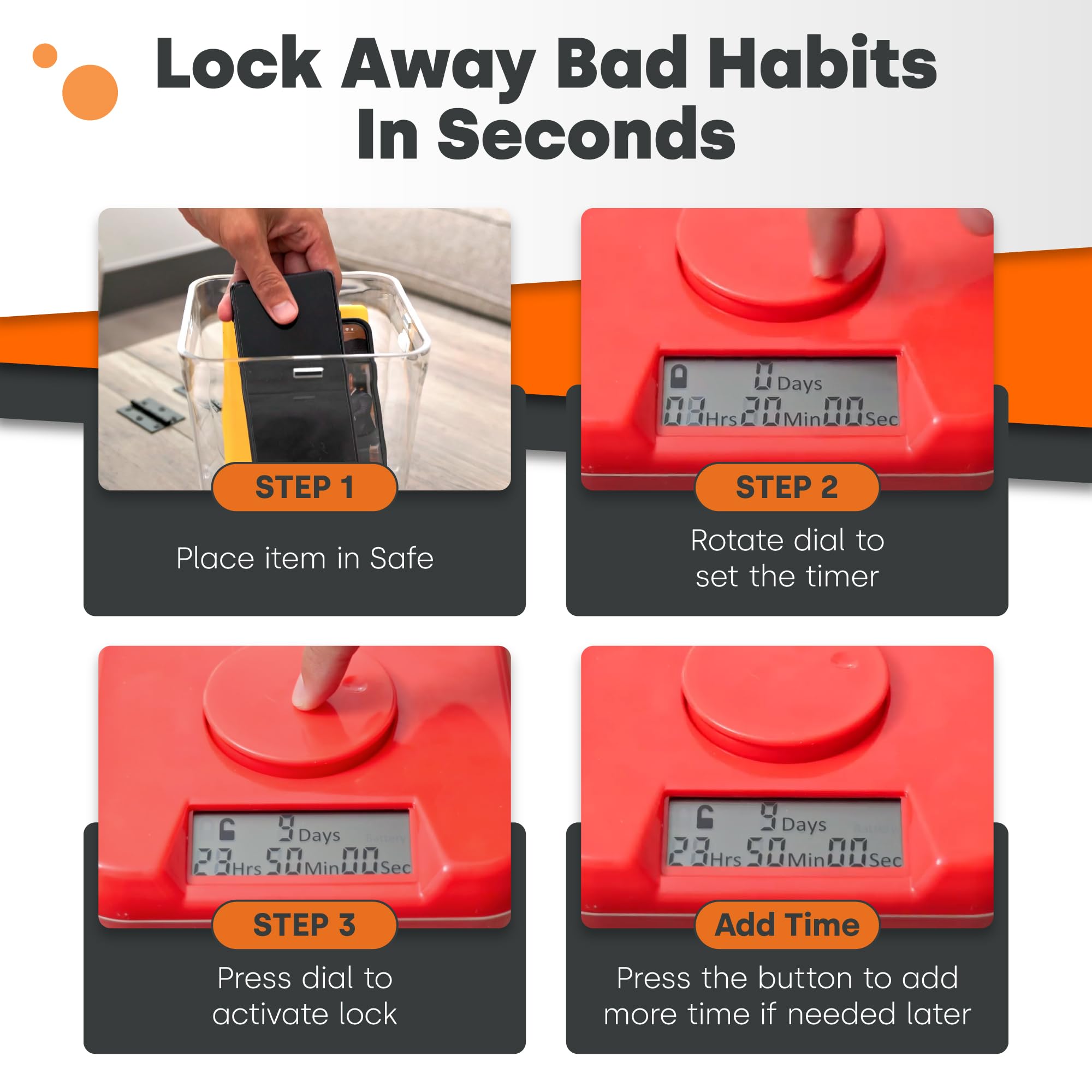 KSafe sealed closure keeps items secure until the timer ends.