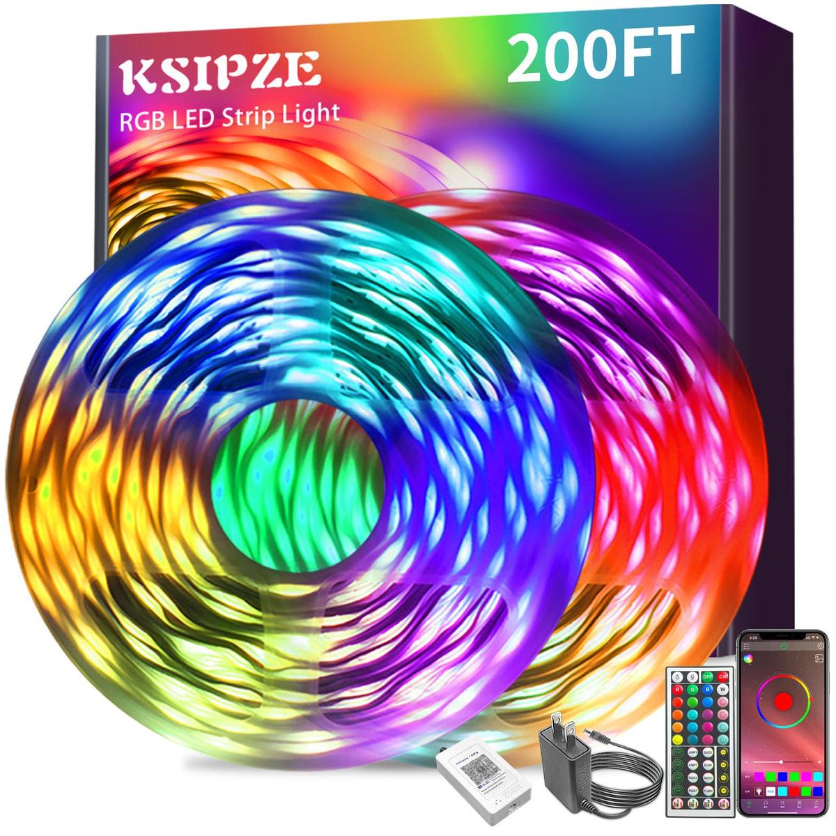 KSIPZE 200ft LED strip lights with RGB music sync for vibrant ambiance.