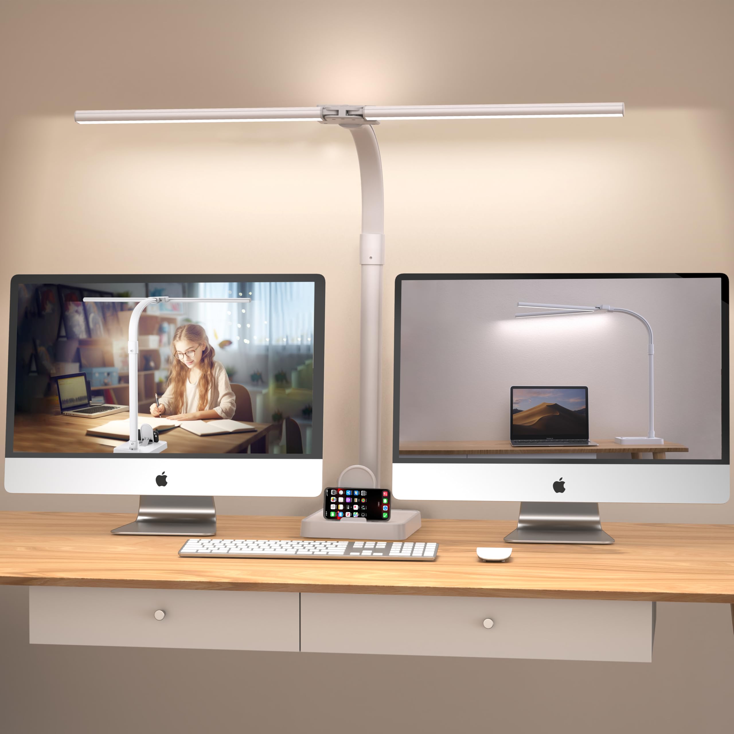 Ksunun double head LED desk lamp with extended light bar ideal for large desks and multi-monitor setups