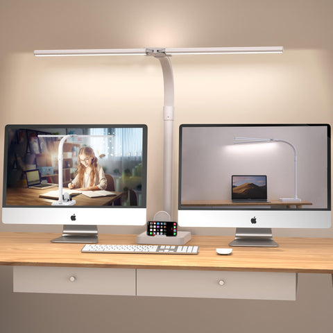 Ksunun double head LED desk lamp with extended light bar ideal for large desks and multi-monitor setups