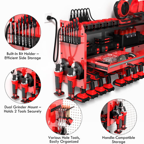KSVO four-tier shelving system stores 50+ tools with side holders.
