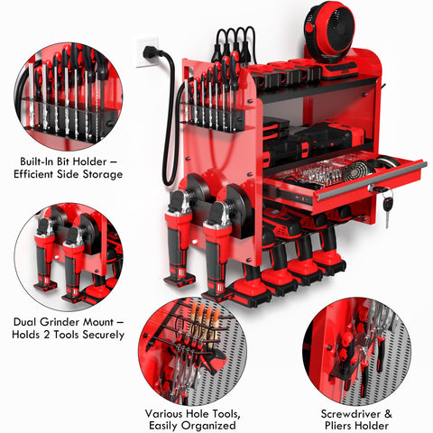 KSVO four-tier shelving on tool organizer holding large and small tools