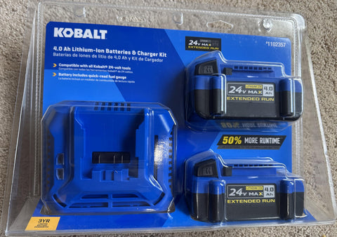 KT Kobalt 24V battery 2-pack with side LED indicators for quick runtime awareness.