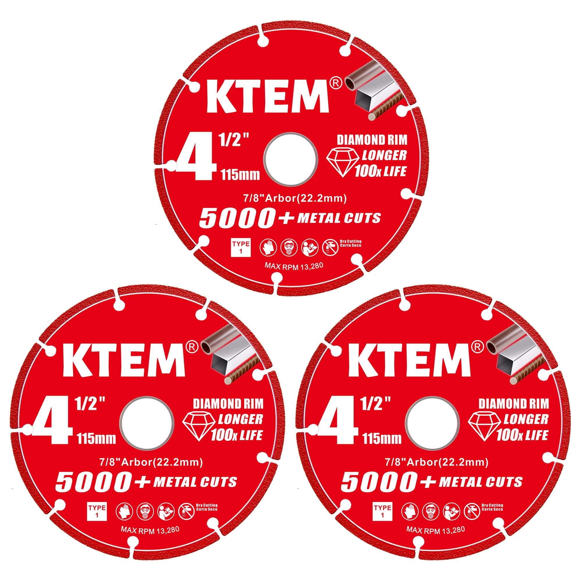 KTEM diamond cut-off wheel 4-1/2 inch with 7/8 inch arbor for precise metal cuts.