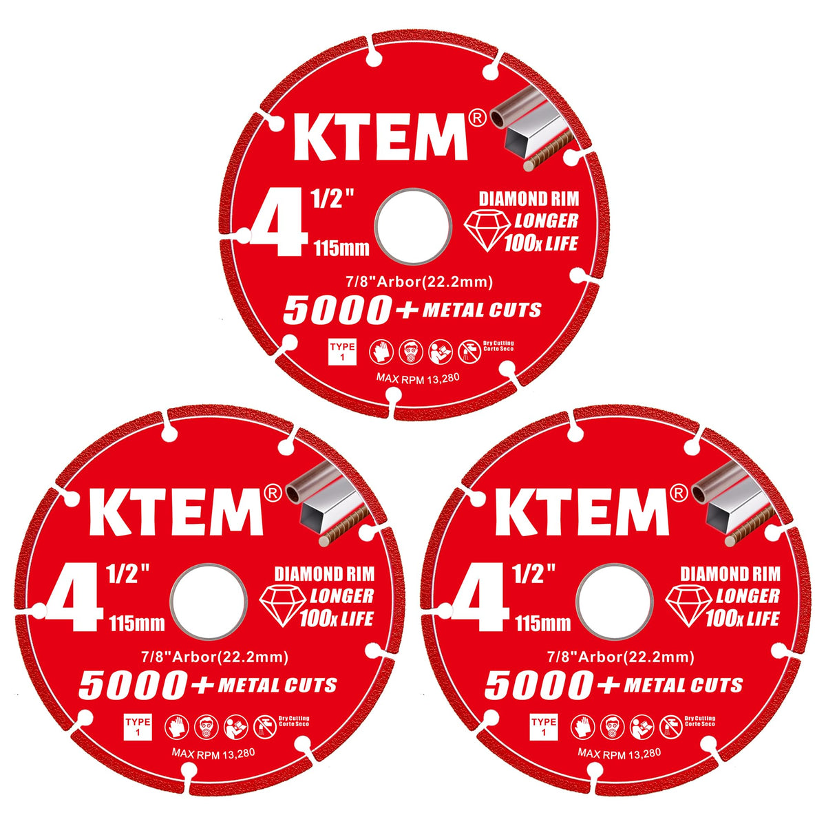 KTEM diamond cut-off wheel 4-1/2 inch with 7/8 inch arbor for precise metal cuts.
