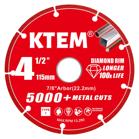 KTEM diamond cut-off wheel 4-1/2 inch with 7/8 inch arbor for efficient rebar cutting.