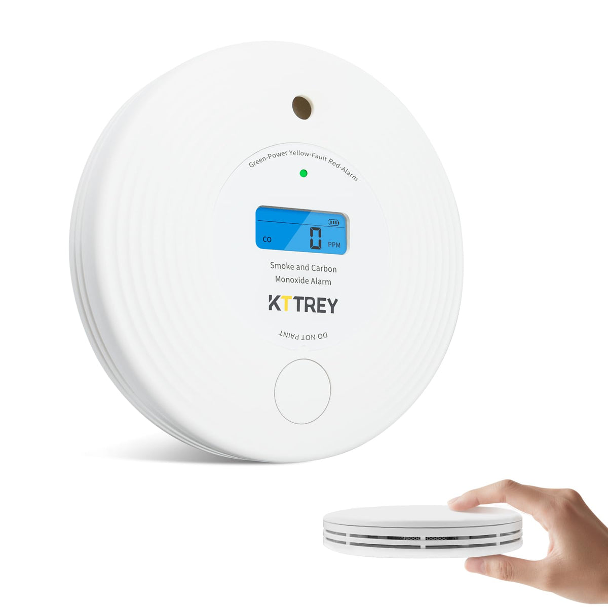 Kttrey smoke and CO detector front view shows compact home safety device