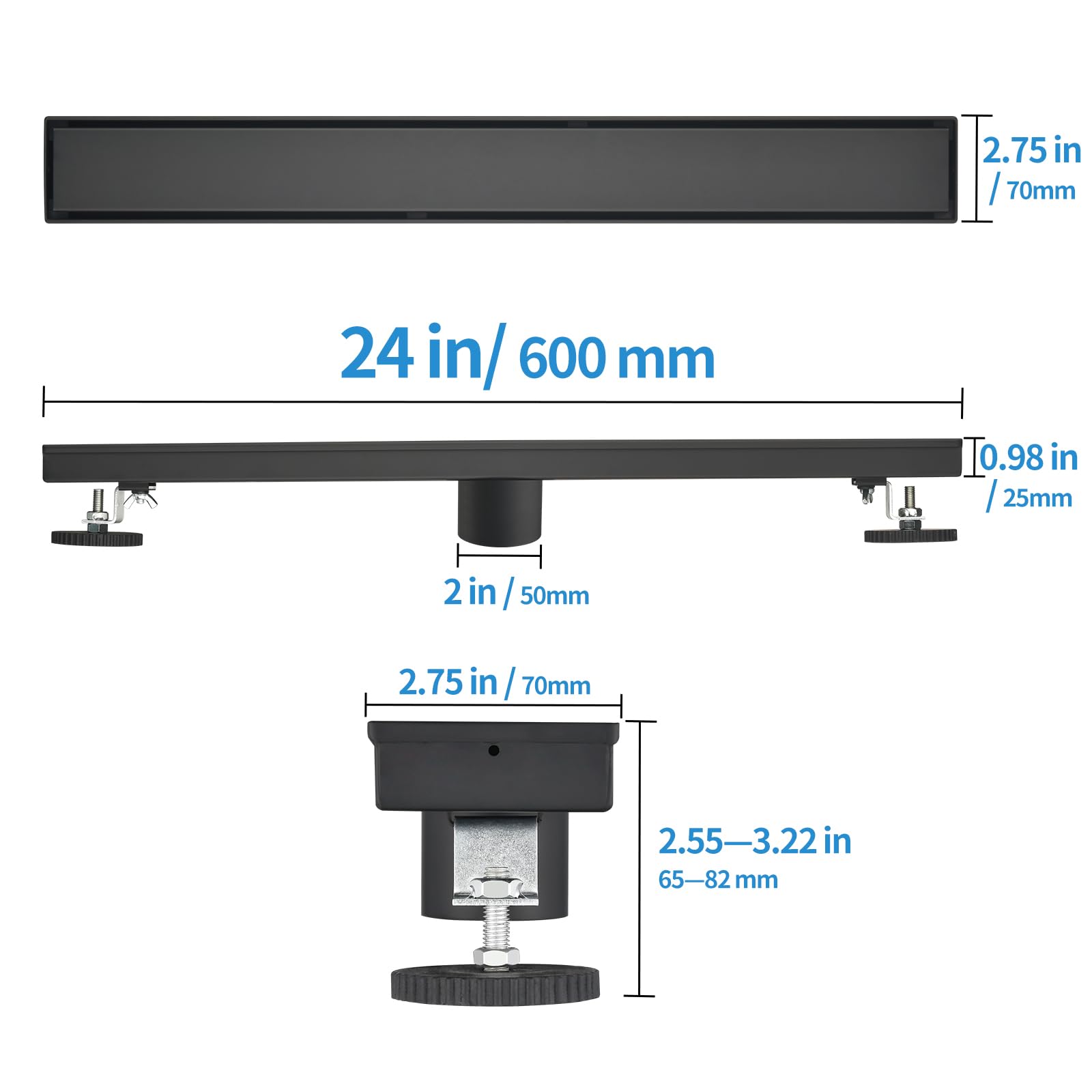 Kuaisailsk linear shower drain side profile showing adjustable feet for precise leveling
