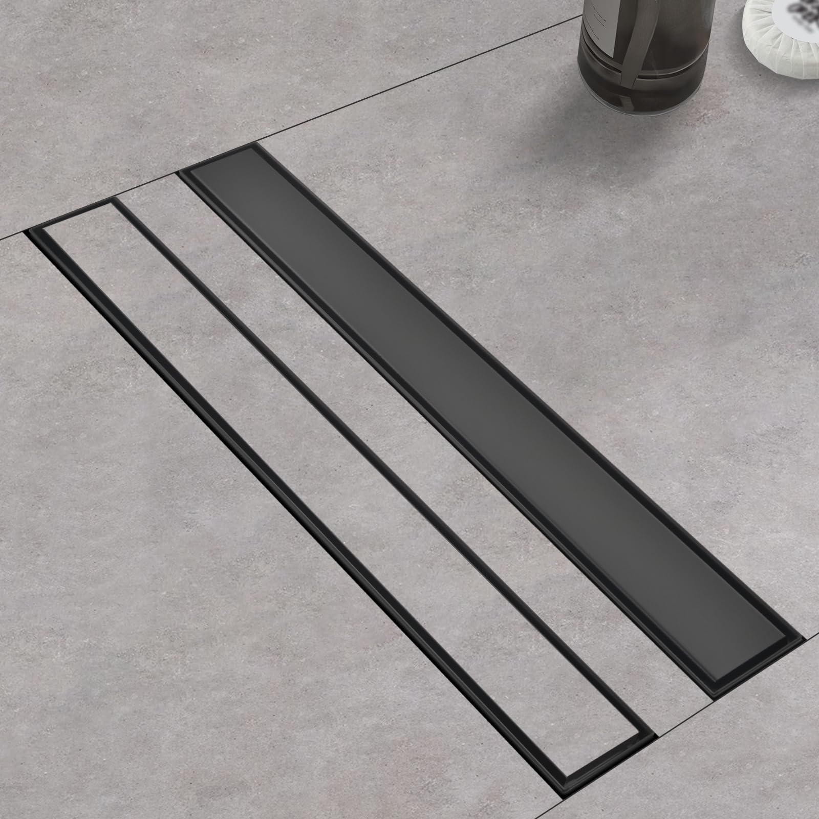 Kuaisailsk linear shower drain top view highlighting a 24-inch channel for fast water drainage