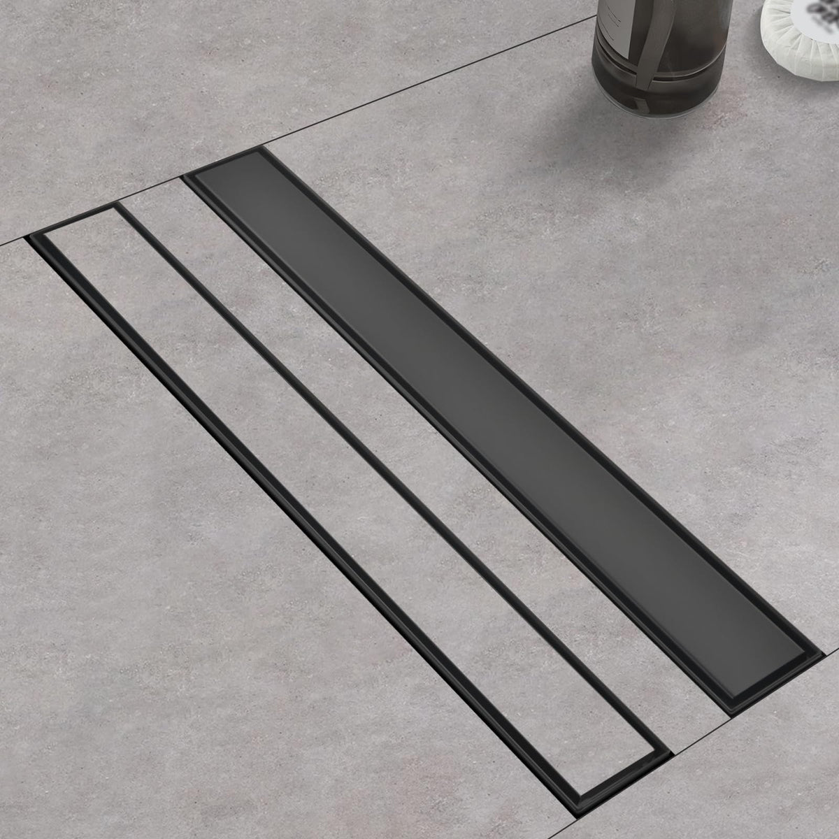 Kuaisailsk linear shower drain top view highlighting a 24-inch channel for fast water drainage